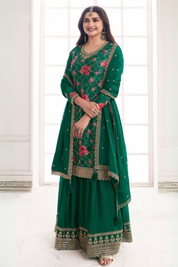 Prachi Desai Dark Green Color Chinon Fabric Adorming Floral Printed Palazzo Suit