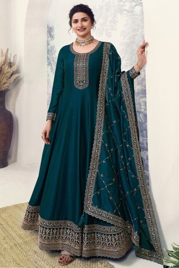 Prachi Desai Engaging Teal Color Art Silk Fabric Embroidered Anarkali Suit
