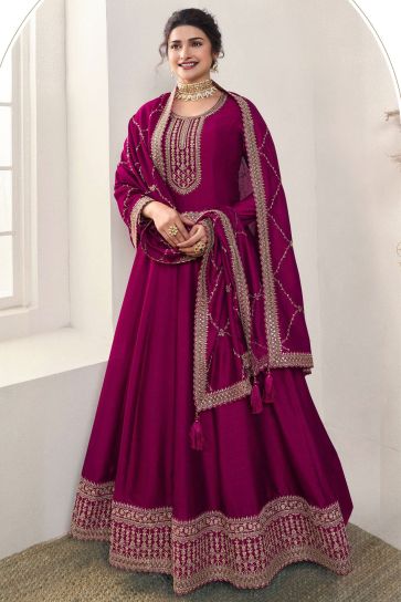 Prachi Desai Classic Magenta Color Embroidered Anarkali Suit In Art Silk Fabric