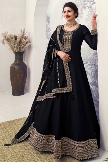 Prachi Desai Art Silk Fabric Black Color Embroidered Winsome Anarkali Suit