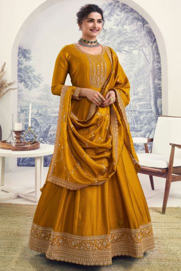 Prachi Desai Creative Embroidered Art Silk Fabric Anarkali Suit In Mustard Color