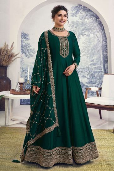 Prachi Desai Incredible Art Silk Fabric Dark Green Color Embroidered Anarkali Suit