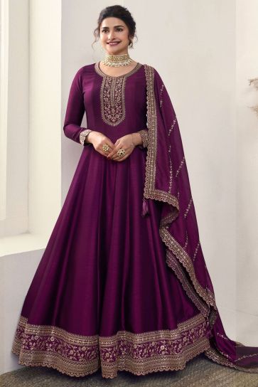 Prachi Desai Tempting Art Silk Fabric Purple Color Embroidered Anarkali Suit