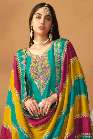 Sea Green Color Chinon Silk Fabric Awesome Salwar Suit With Multi Color Dupatta