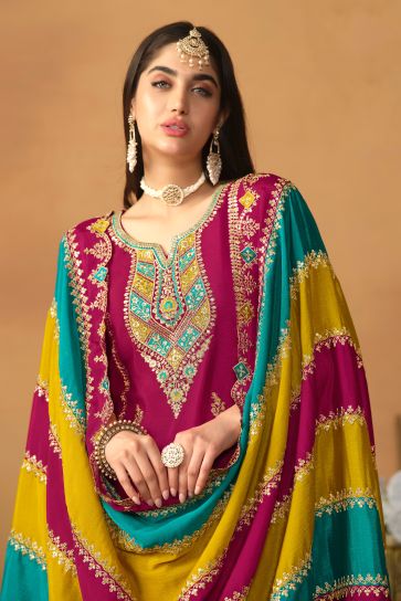 Chinon Silk Fabric Beatific Salwar Suit With Multi Color Dupatta In Rani Color
