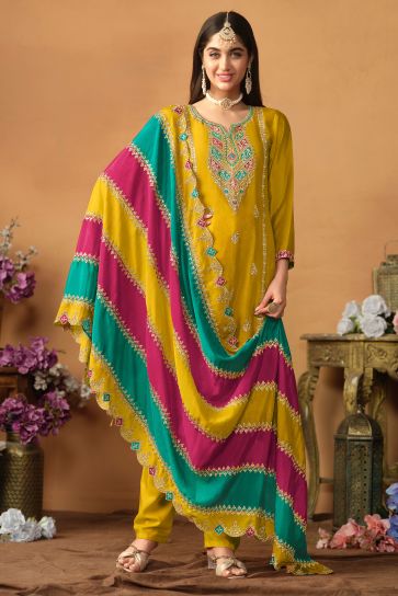 Yellow Color Inventive Salwar Suit With Multi Color Dupatta In Chinon Silk Fabric
