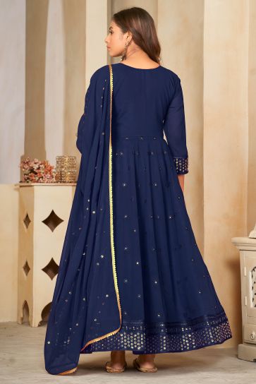 Dazzling Georgette Fabric Blue Color Sequins Embroidered Anarkali Suit
