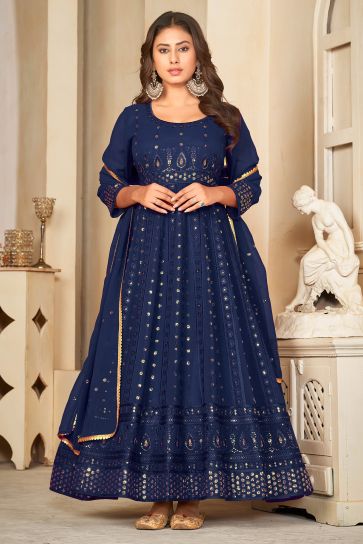 Dazzling Georgette Fabric Blue Color Sequins Embroidered Anarkali Suit