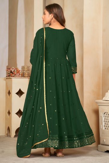 Radiant Dark Green Color Georgette Fabric Sequins Embroidered Anarkali Suit
