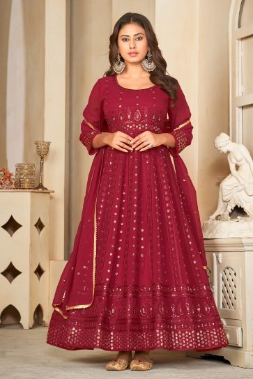 Georgette Fabric Maroon Color Excellent Sequins Embroidered Anarkali Suit