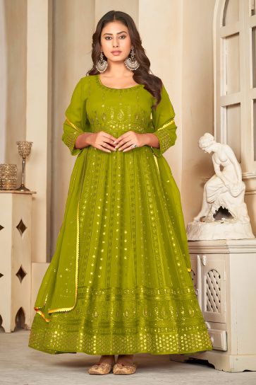 Glamorous Georgette Fabric Green Color Sequins Embroidered Anarkali Suit