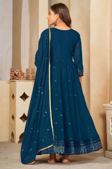 Fascinating Teal Color Georgette Fabric Sequins Embroidered Anarkali Suit