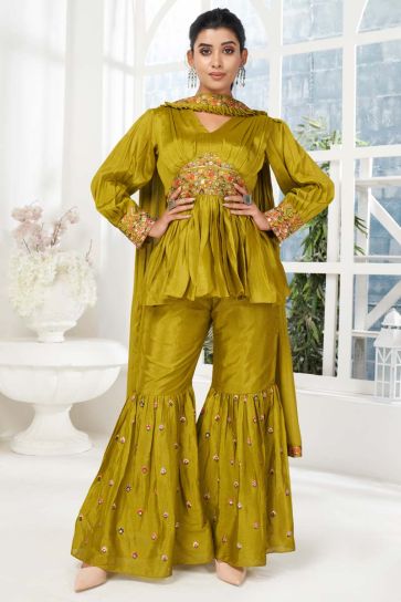 Mehendi Green Color Party Wear Chinon Fabric Salwar Suit With Stunning Embroidered Work