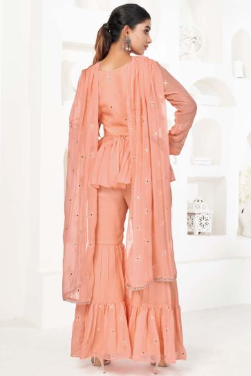 Party Wear Peach Color Georgette Fabric Ingenious Salwar Suit With Embroidered Work
