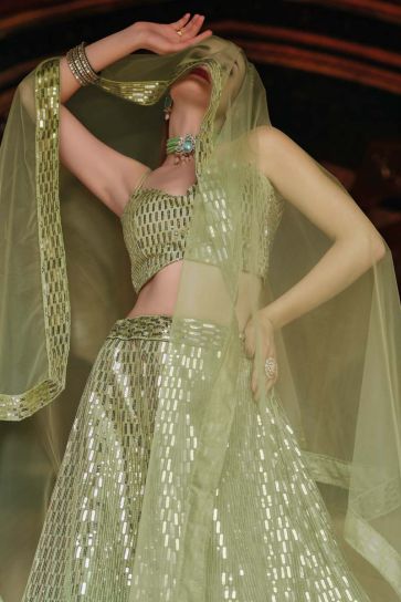 Sangeet Wear Net Fabric Designer Khaki Color Sequins Work Riveting Lehenga