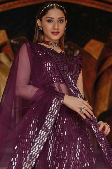 Sangeet Wear Net Fabric Wine Color Sequins Work Extravagant Lehenga