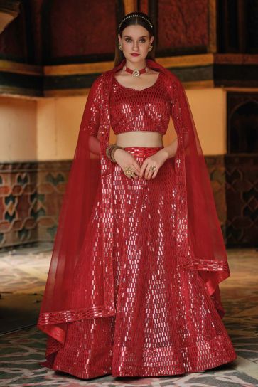 Red Color Sangeet Wear Sequins Work Dreamy Lehenga In Net Fabric