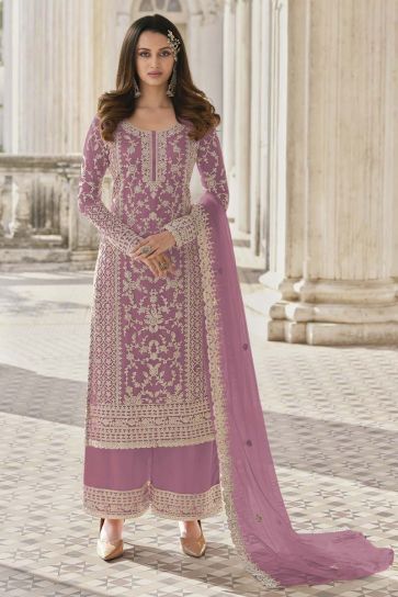 Net Fabric Lavender Color Party Wear Luminous Embroidered Palazzo Suit