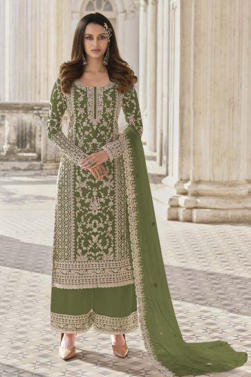 Olive Color Net Fabric Party Wear Magnificent Embroidered Palazzo Suit