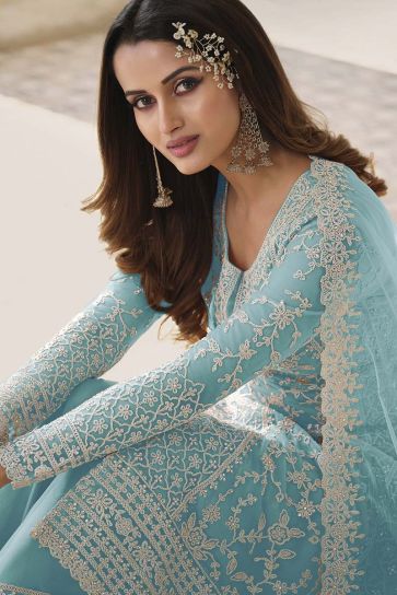 Embroidered Work Light Cyan Color Party Wear Aristocratic Palazzo Suit In Net Fabric