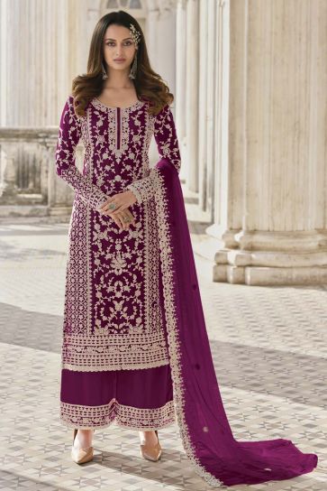 Enchanting Embroidered Work Grey Color Party Wear Palazzo Suit In Net Fabric