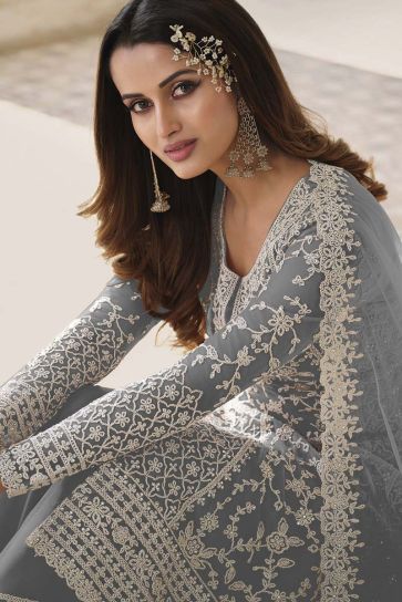 Enchanting Embroidered Work Grey Color Party Wear Palazzo Suit In Net Fabric