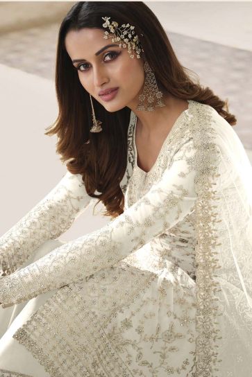 White Color Net Fabric Party Wear Charismatic Embroidered Palazzo Suit