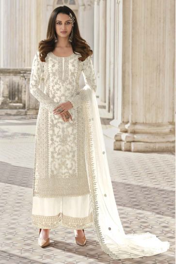 White Color Net Fabric Party Wear Charismatic Embroidered Palazzo Suit