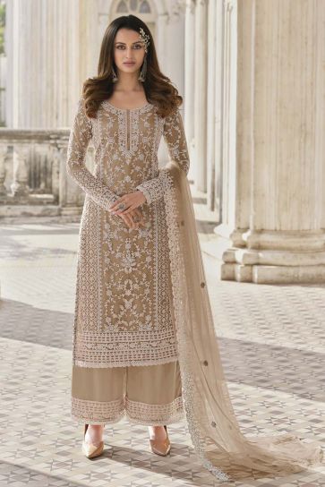 Fascinating Embroidered Work Beige Color Party Wear Palazzo Suit In Net Fabric