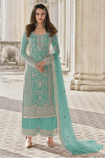 Net Fabric Sea Green Color Party Wear Sensational Embroidered Palazzo Suit