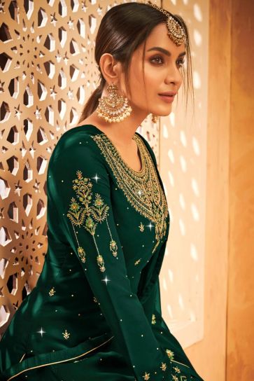 Glittering Embroidered Work On Dark Green Color Georgette Fabric Party Wear Stylish Salwar Suit