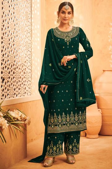 Glittering Embroidered Work On Dark Green Color Georgette Fabric Party Wear Stylish Salwar Suit