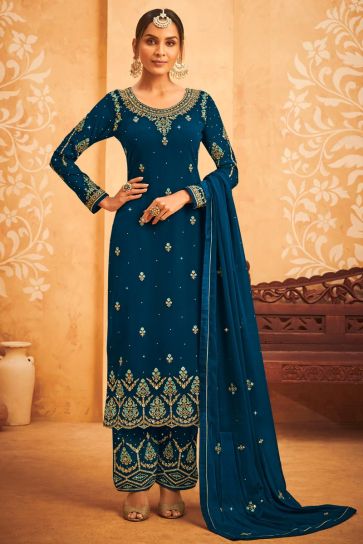 Teal Color Astounding Embroidered Work On Georgette Fabric Party Wear Salwar Suit
