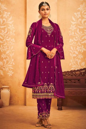 Sparkling Embroidered Work On Georgette Fabric Party Wear Salwar Suit In Purple Color
