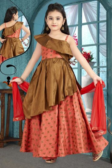 Art Silk And Jacquard Fabric Peach Party Wear Gown For Girls