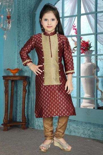 Girls Wear Party Wear Maroon Salwar Suit In Art Silk And Jacquard