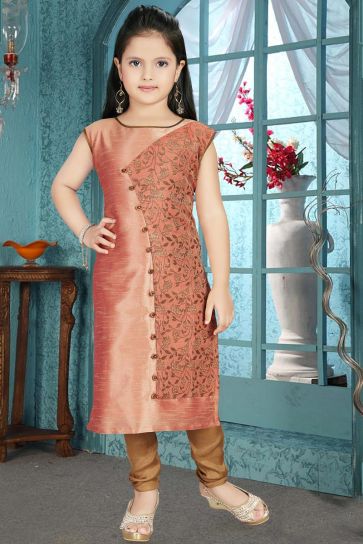 Girls Wear Party Wear Peach Salwar Suit In Art Silk And Brocade Fabric