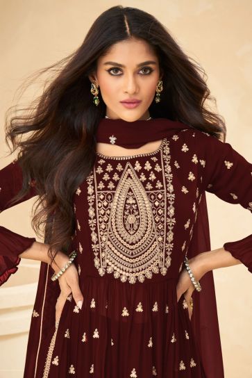 Brown Color Georgette Fabric Charismatic Embroidered Palazzo Suit