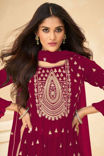 Fascinating Rani Color Embroidered Palazzo Suit In Georgette Fabric
