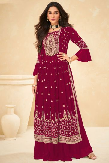 Fascinating Rani Color Embroidered Palazzo Suit In Georgette Fabric