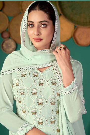 Radiant Sea Green Color Georgette Fabric Festival Wear Salwar Suit
