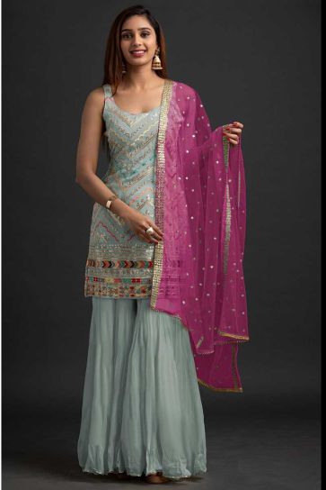 Light Cyan Color Function Wear Stylish Sharara Suit In Georgette Fabric