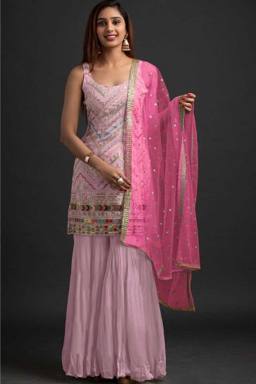 Georgette Fabric Pink Color Function Wear Solid Sharara Suit