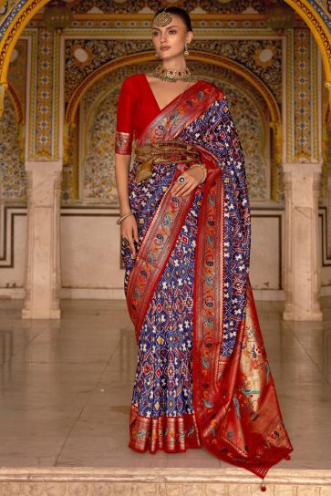 Blue Color Admirable Patola Printed On Saree In Art Silk Fabric
