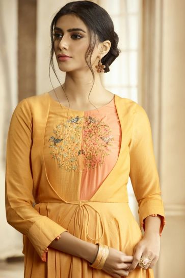 Fancy Fabric Party Style Designer Embroidered Readymade Gown In Mustard Color