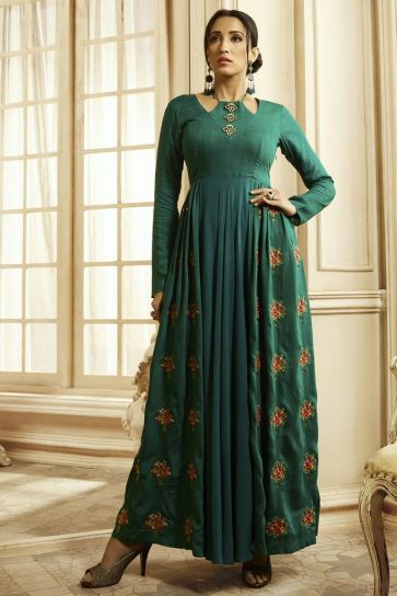 Party Style Fancy Fabric Designer Embroidered Readymade Gown In Teal Color