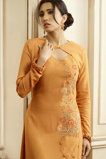 Designer Fancy Fabric Party Style Embroidered Orange Color Readymade Gown