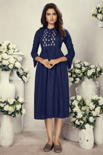 Fancy Festive Wear Navy Blue Color Rayon Fabric Thread Embroidered Kurti