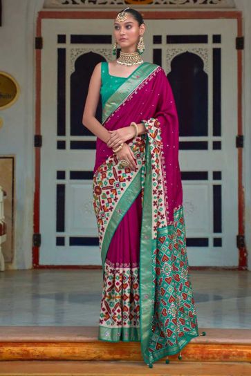 Patola Printed Rani Color Aristocratic Art Silk Fabric Saree