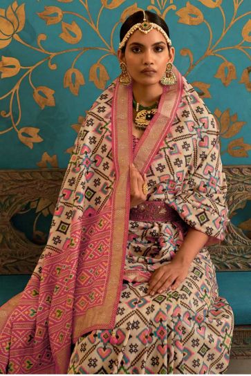 Patola Printed Work On Pink Color Art Silk Fabric Glorious Saree
